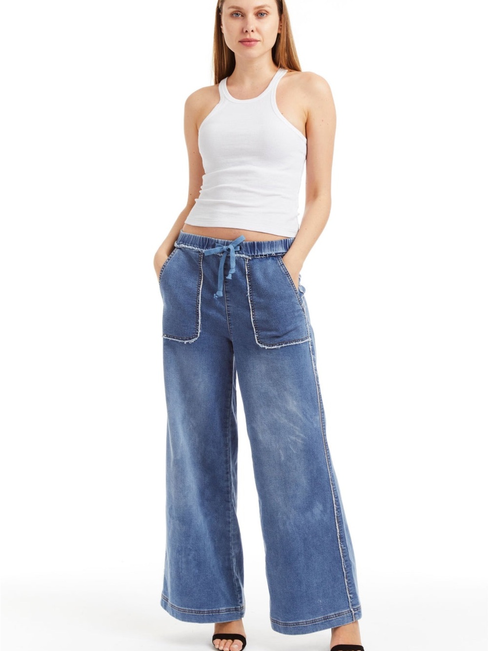 Tractr Medium Blue Mid-Rise Wide-Leg‎ Lounge Jeans - Picture 9 of 9